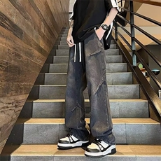 现货牛仔裤男女夏季潮牌美式设计感阔腿裤高街百搭休闲裤子，男装牛仔裤，星座218-1（原230）