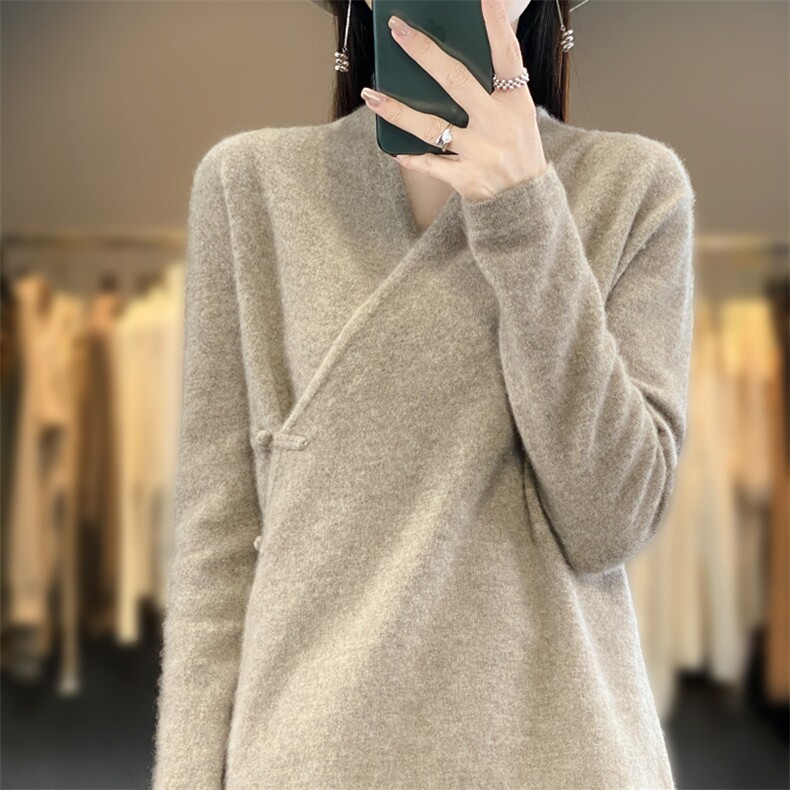 交叉领盘扣长袖纯色2024年秋季套头简约羊毛衫,女装羊毛衫,羿纯羊绒