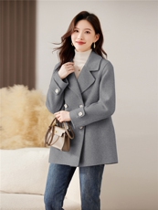 新款时尚气质直筒西装领双排扣中长双面呢大衣，女装双面呢大衣，媚琳依坊