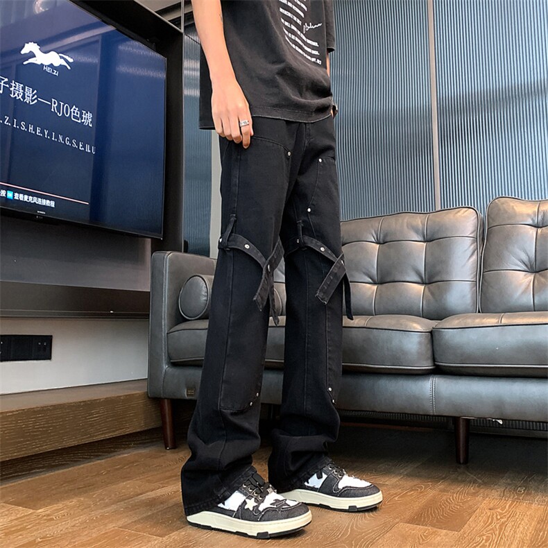XZ221-1/K1503/P552025春夏美式高街工装绑带微喇叭休闲牛仔裤,男装牛仔裤,星座221-1