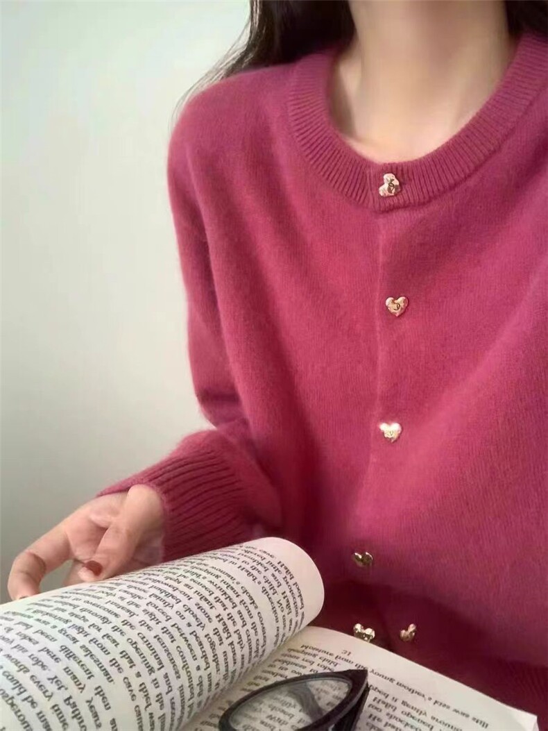 糖果色圆领羊毛针织开衫女爱心扣毛衣外套秋冬宽松显瘦百搭针织衫,针织衫/毛衣,恒恩羊绒