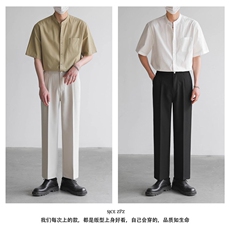 夏季冰丝凉感棉麻轻奢风亨利领短衬衫潮男暗纹韩系免烫痞帅短衬衫，男装衬衫，星座1210-1