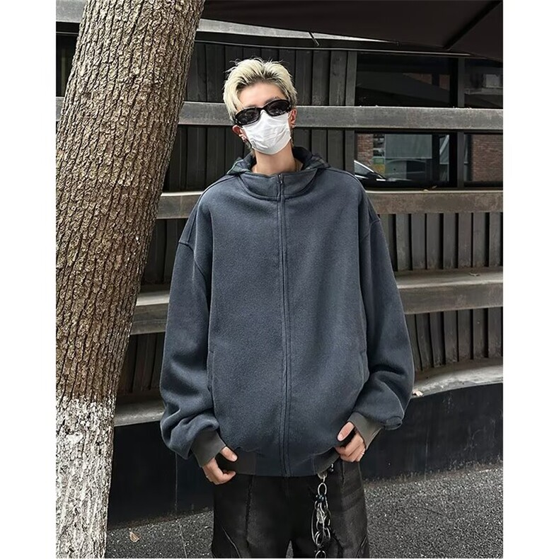 美式复古街头假两件格子连帽卫衣男秋季宽松开衫链接外套C75/P68,女装短外套,星座506