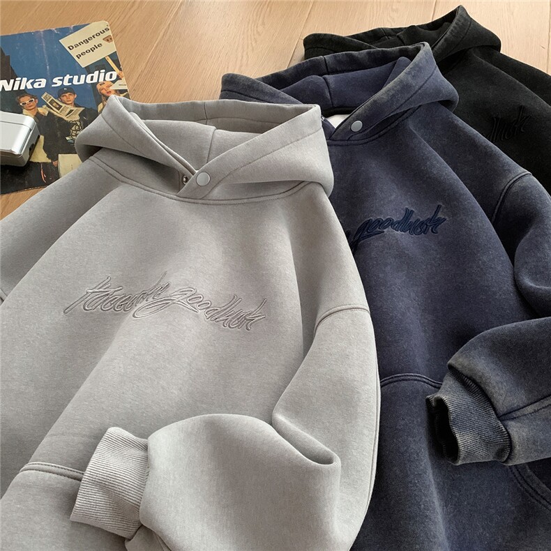 美式重磅贴布刺绣水洗做旧连帽卫衣青少年春秋宽松卫衣db102批70，男装卫衣，电商B386