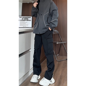 TZ103170/P100秋装连帽个性织带夹克休闲裤男宽松外套上衣两件套