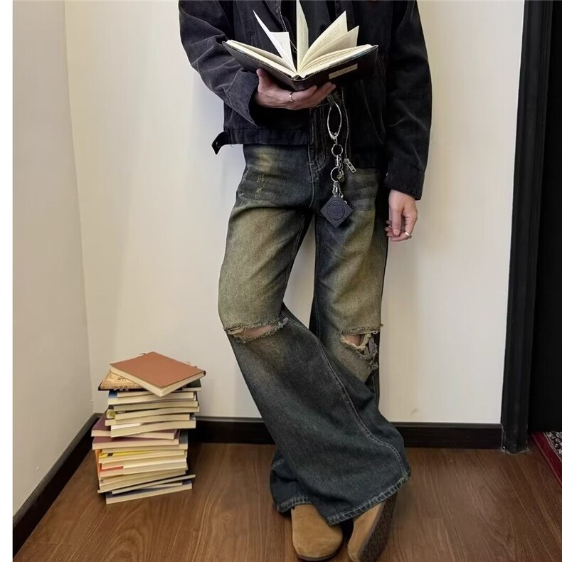 新款宽松美式复古炸街痞帅裤子水洗牛仔裤男长裤潮,男装牛仔裤,星座516A