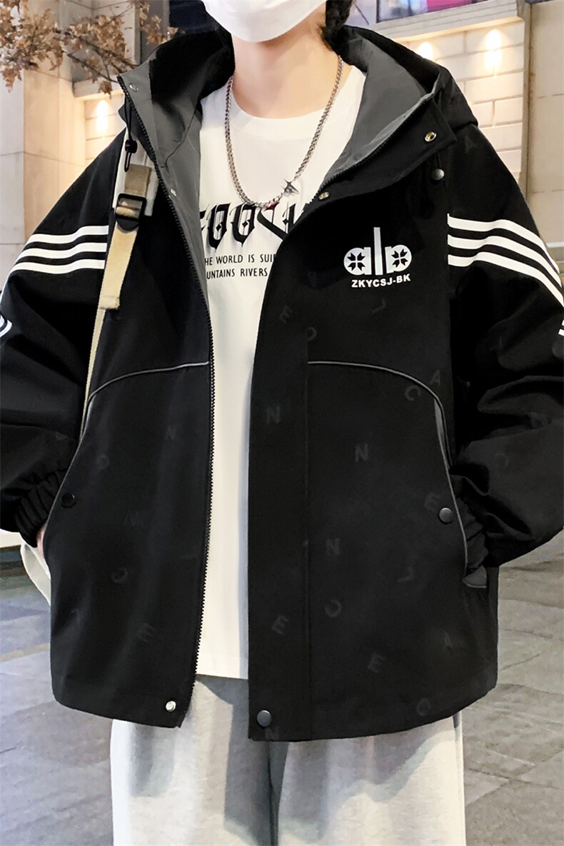 外套男学生潮流三条杠连帽夹克春秋青少年帅气冲锋A436-2681-P75,男装夹克,电商A436