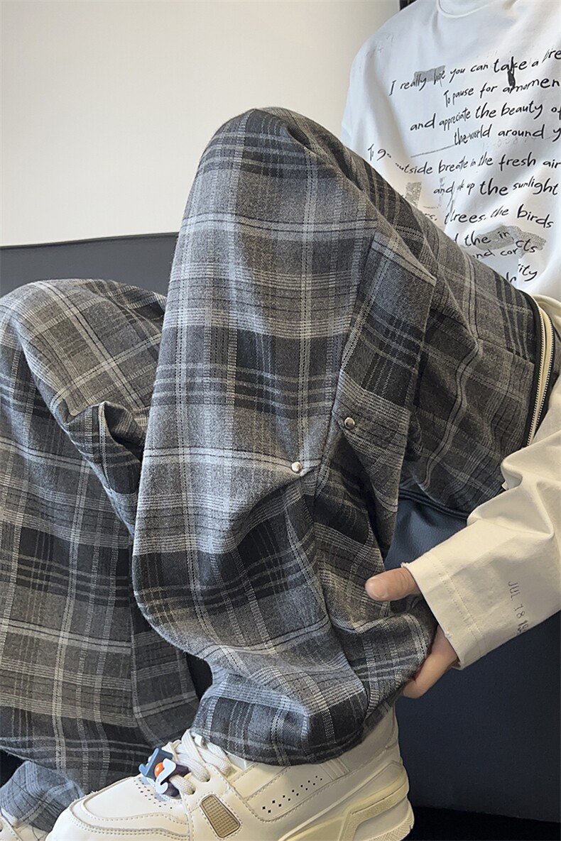 复古格子裤秋季褶皱伞兵休闲裤直筒拖地裤A486特P45控68,男装休闲裤,电商A309
