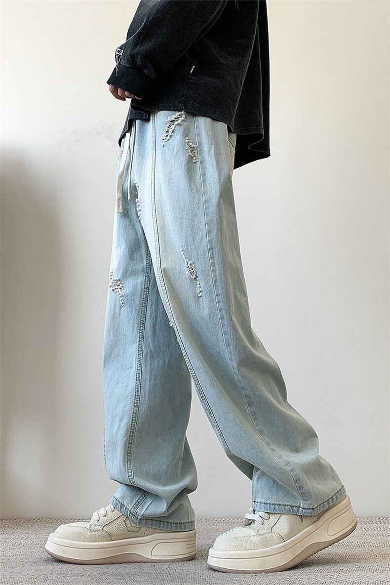 S-3XL夏季薄款冰丝裤直筒宽松破洞牛仔裤310A-2BK312p55控78,男装牛仔裤,星座310A-2