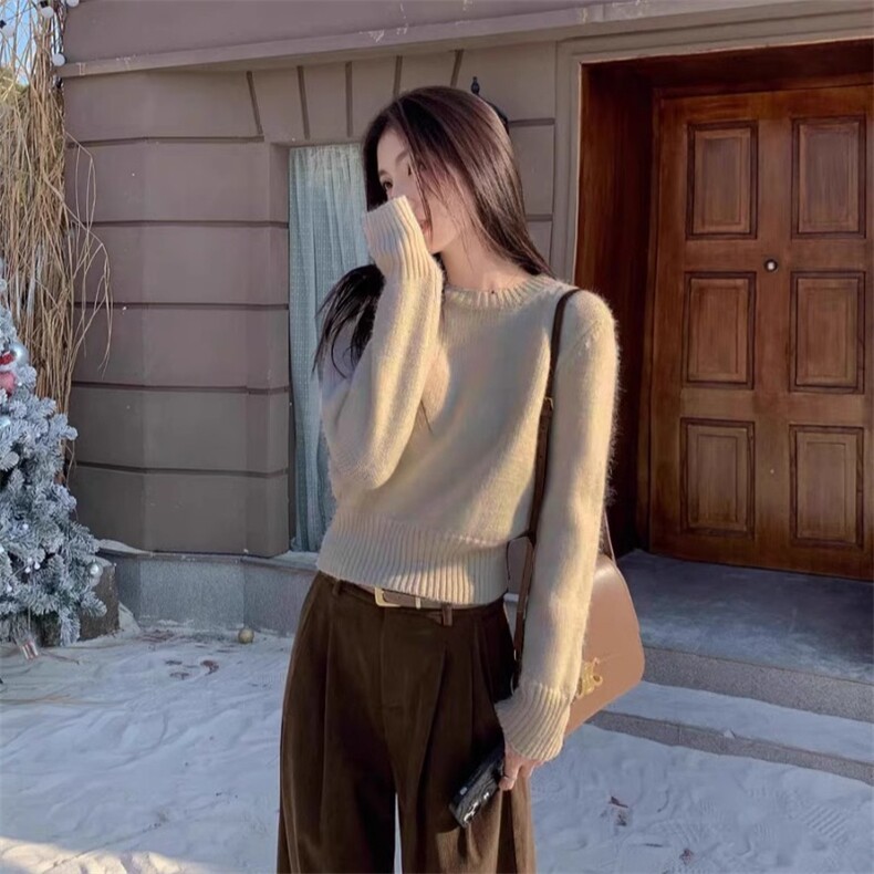 秋冬显瘦毛衣女宽松休闲打底针织圆领羊绒衫上衣,女装羊绒衫,琳华羊绒
