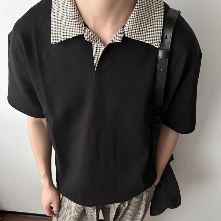 千鸟格拼接polo衫短袖男夏季老钱风复古正肩T恤cleanfit重磅半袖,男装T恤,星座715-4