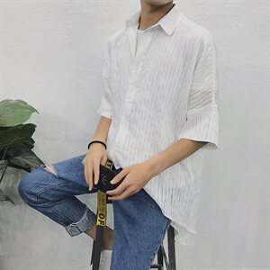 夏款速干防晒五分袖加长衬衫 宽松蝙蝠袖条纹防晒长男衬衫D329图片
