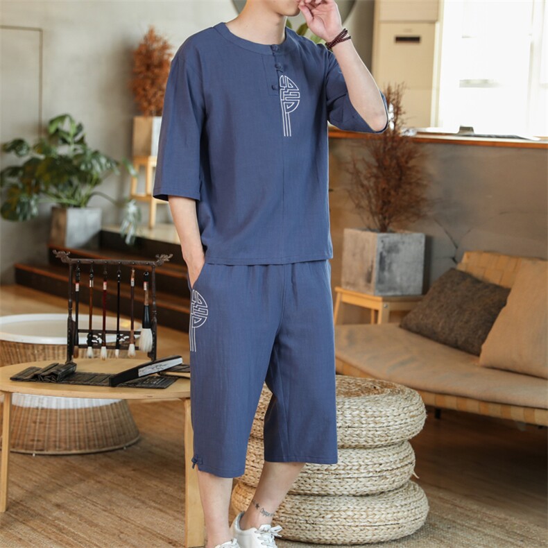 风夏款盘扣刺绣休闲男士套装大码T恤七分裤两件套潮A822-P80，男装牛仔裤，钱塘788(原4013)
