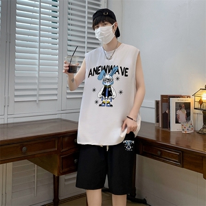 锦氨冰丝布料夏季无袖背心t恤套装透气港风宽松男装DF330P60控78图片