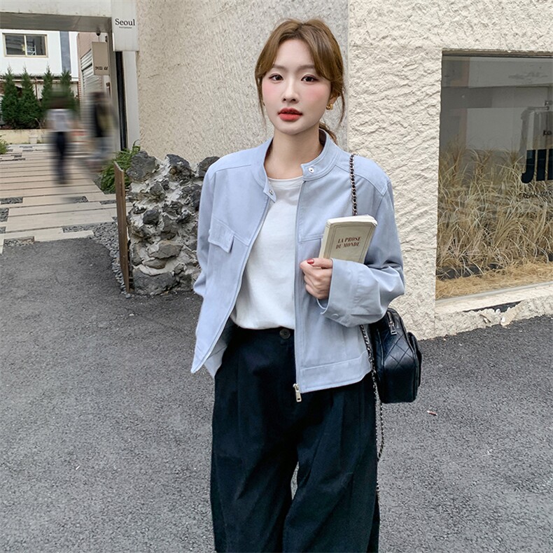 日常休闲风蓝色短款麂皮绒外套女春秋超火好看高级感小众夹克上衣图片