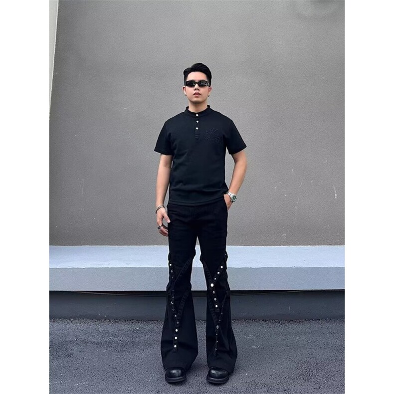 美式高街美式黑色hiphop牛仔裤男宽松微喇显瘦排扣设计痞帅长裤子,男装牛仔裤,星座506A