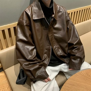 秋季翻领pu皮拼接机车服夹克男款美式潮牌宽松皮衣M3322-P68图片