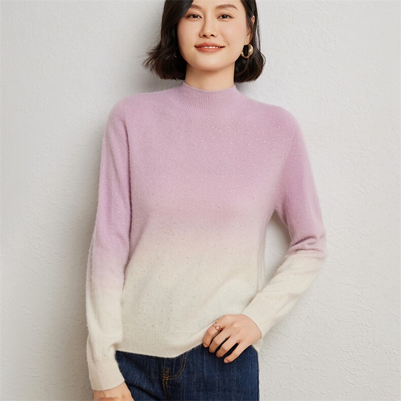 女士一线吊染加烫钻半高领衫10%,女装羊绒衫,臻维羊绒
