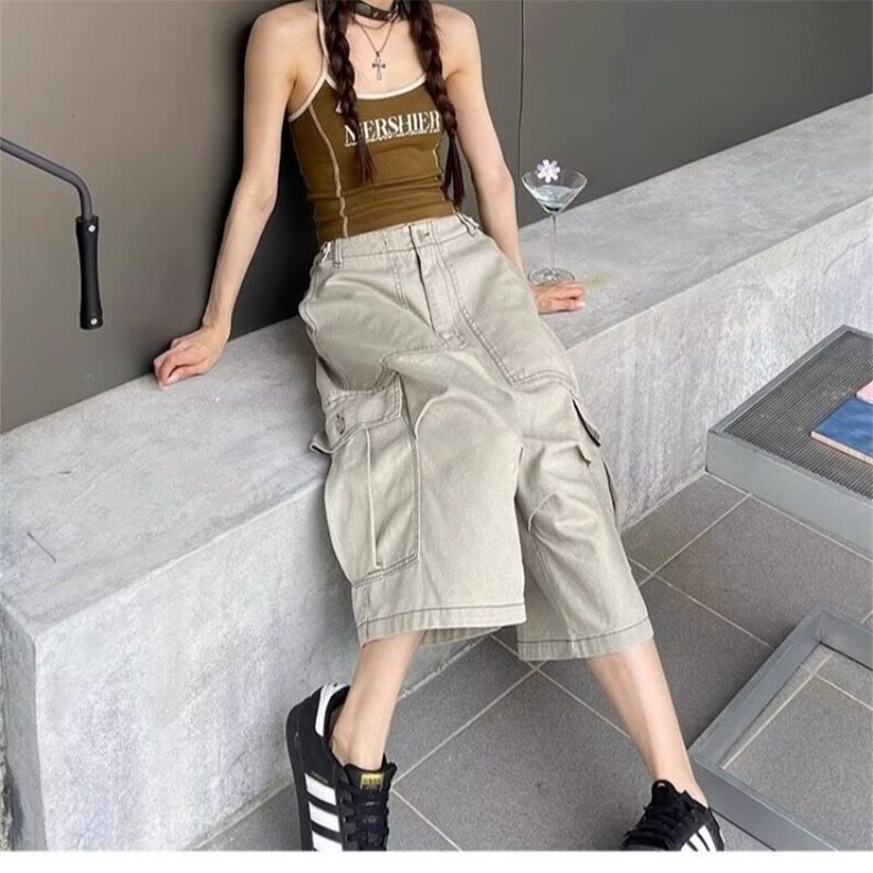 美式复古大口袋工装短裤夏季高级感痞帅裤子宽松直筒阔腿七分裤,女装休闲裤,星座506A