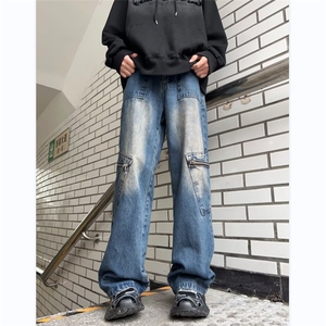 工装牛仔裤男韩版潮美式高街口袋2024秋冬新款ins长裤RK1139-P49图片