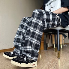 复古格子裤子男款日系潮流百搭直筒宽松黑白休闲裤CK125P33，男装休闲裤，星座410-2