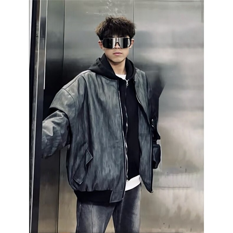 美式复古假两件连帽外套男春秋新款拼接PU皮衣夹克潮LZ7044-P75,男装夹克,星座1008