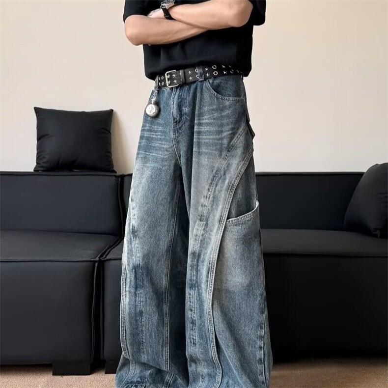 复古美式水洗解构弯刀牛仔裤男女设计感青少年直筒松弛阔腿拖地裤,男装牛仔裤,星座601-1