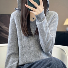 2025年秋季套头常规长袖V领绞花帽衫舒适时尚百搭通勤，女装针织衫/毛衣，大美人高端店