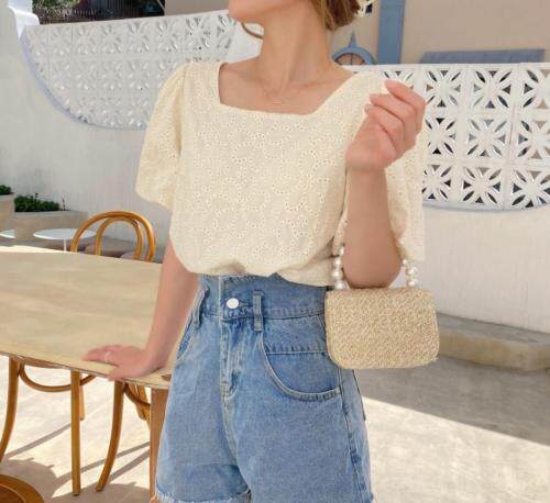 棉布刺绣泡袖上衣，女装，新袖