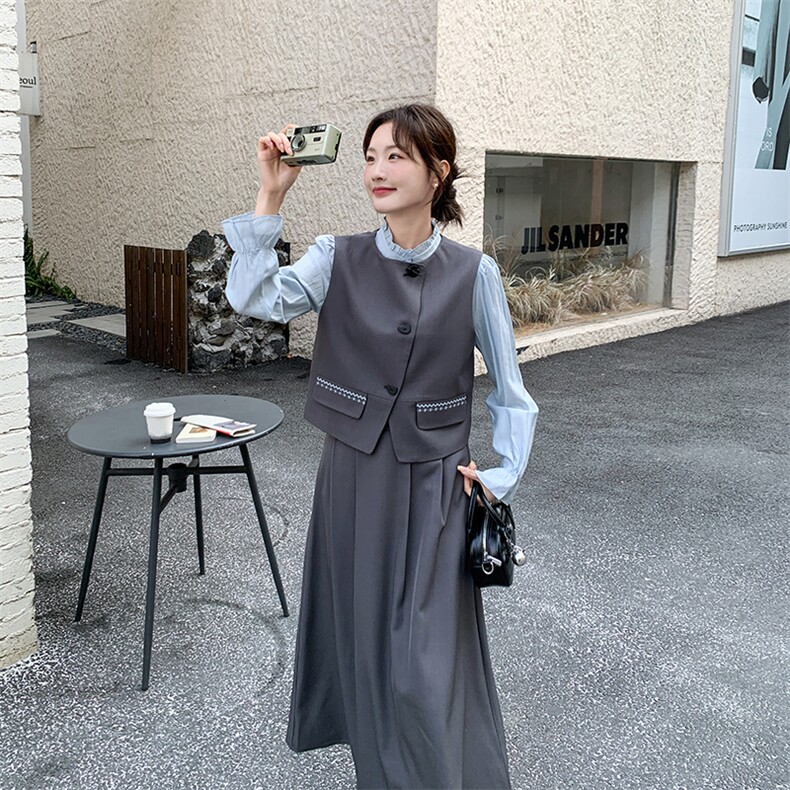 2026新款长袖衬衫+马甲+半身裙三件套套装,女装套装/套裙,纯色衣恋
