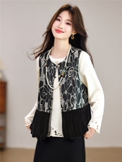 现货春季新款新中式立体花卉剪裁拼接圆领洋气缎面衬衫两件套装女，女装套装/套裙，央宝儿