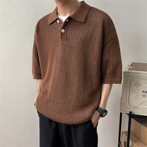 设计感针织Polo衫短T男士夏季宽松翻领短袖韩版潮流镂空半袖图片