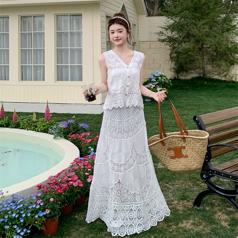 轻熟风韩系蕾丝上衣套装裙女夏季新款高级感气质显瘦半身裙两件套,女装套装/套裙,2C009