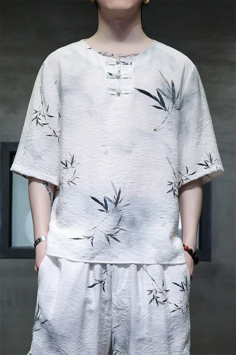 2025春季新款男装禅服风冰丝印花竹叶盘扣短袖T恤C103-P45,男装T恤,电商B277(原6028)