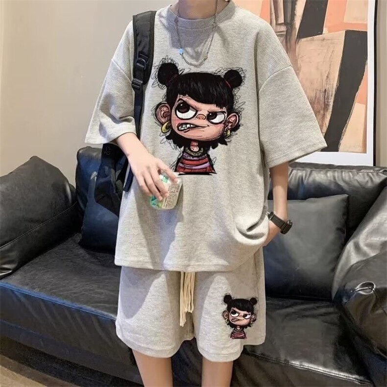 魔丸>>大码动漫涂鸦哪吒短袖套装男女夏季潮休闲套装，男装休闲套装，星座1210-1