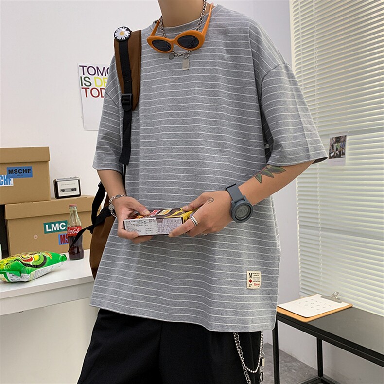 2021夏季港风新品男士宽松条纹短袖T恤星座405-T01,男装T恤,星座405