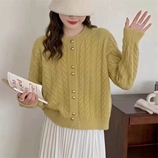 秋冬新款纯色针织开衫单排扣时尚百搭，女装针织衫/毛衣，泰沅羊绒