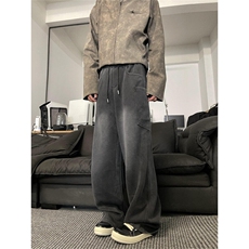K844-特P55复古水洗复合宽松直筒拖地裤男女休闲垂感阔腿裤，男装休闲裤，电商B327