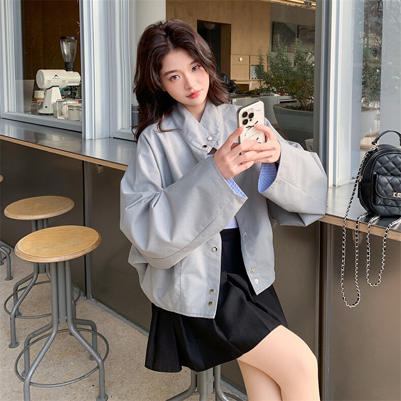 立领休闲短外套女小个子2025春季新款韩系设计感宽松百搭夹克上衣,女装短外套,辉之琳