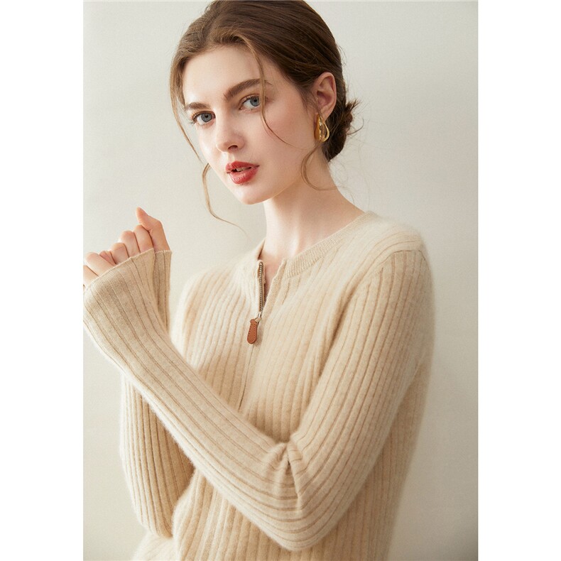 2025秋冬百搭时尚简约抽条开衫针织羊绒衫，女装羊绒衫，米乐羊绒