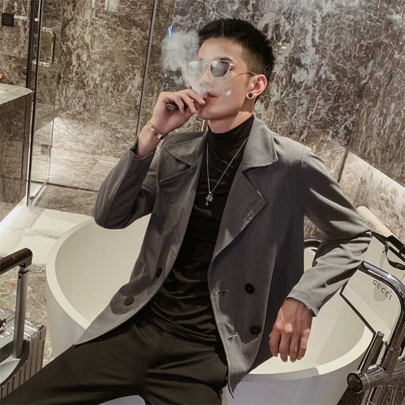 社会风秋纯色西装领双排扣休闲夹克外套B297-2806-P88控108图片