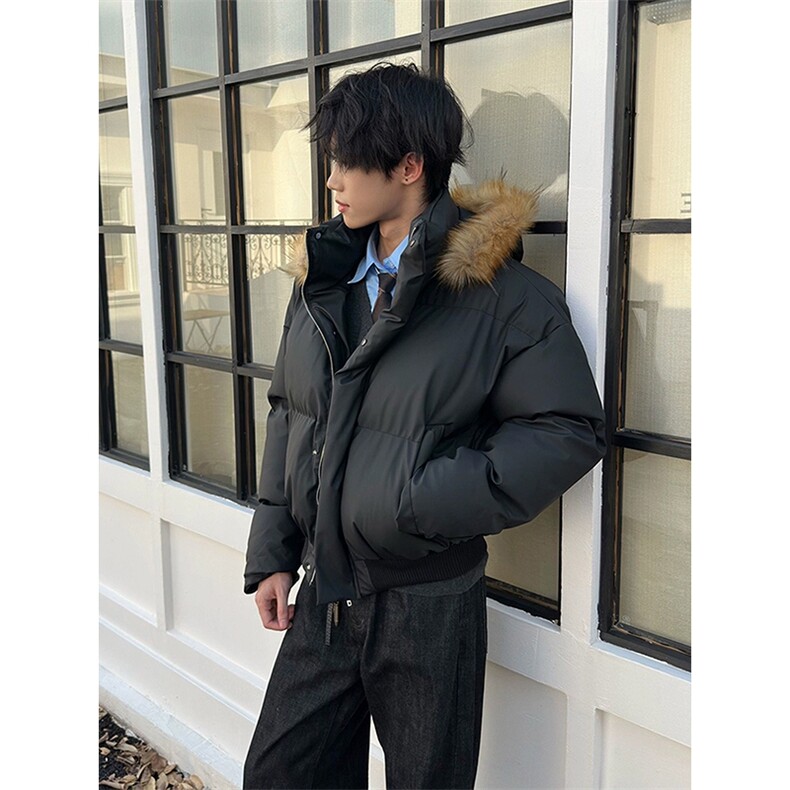 现货三防重磅硬挺boxy短款羽绒棉衣座山雕大毛毛领PU皮棉服外套冬,男装棉衣,电商A486-1