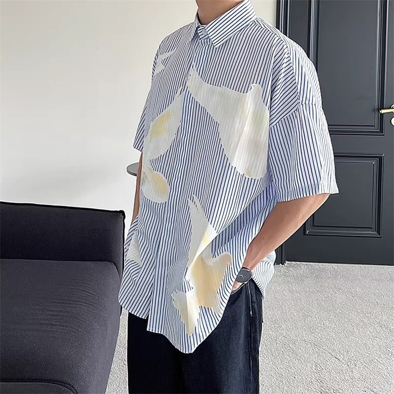2025美式休闲鸽子印花条纹短袖衬衫ins复古设计感小众轻奢衬衣潮，男装衬衫，星座506A