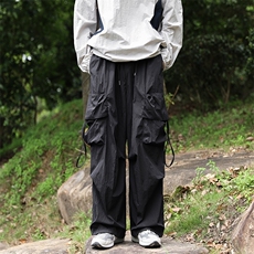 港风秋款男工装裤大口袋织带褶皱冲锋裤休闲长裤h2900P40，男装休闲裤，星座1013-1