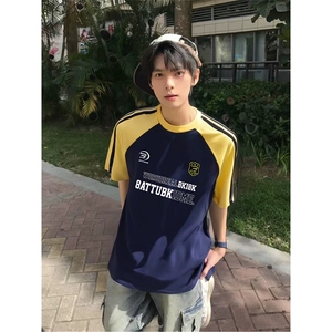 抖音得物品质二开240克宽松纯棉美式潮牌插肩三杠织带短袖T恤图片