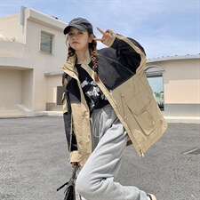 现货主推牛仔拼色时尚中长款外套，女装风衣，菡迪欧娜