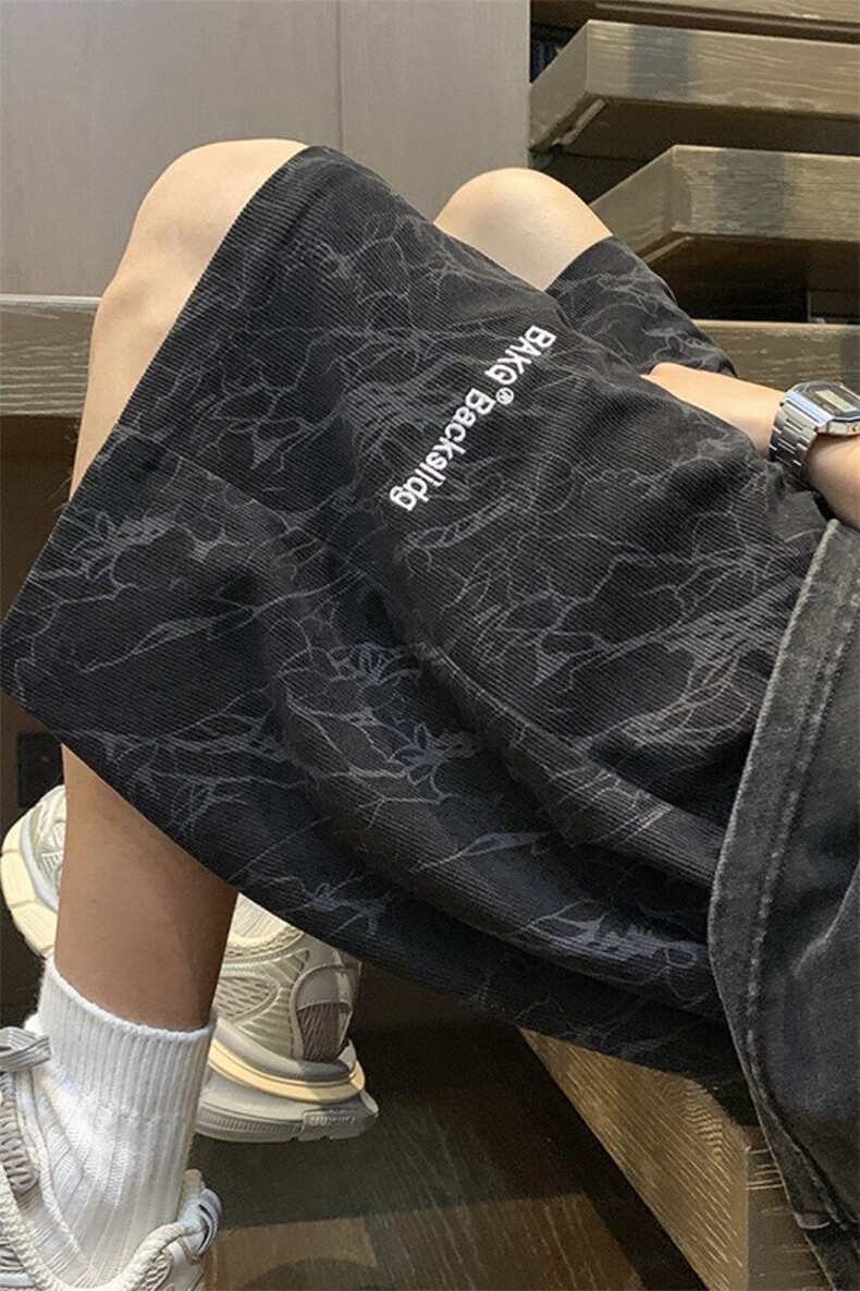 美式扎染短裤男款夏季薄款宽松休闲刺绣运动裤潮牌直筒五分沙滩裤,男装牛仔裤,星座604