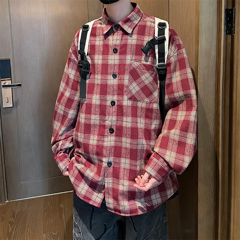 8XL-M 格子衬衫男长袖秋季美式复古潮宽松衬衣外套CS516P55控78图片