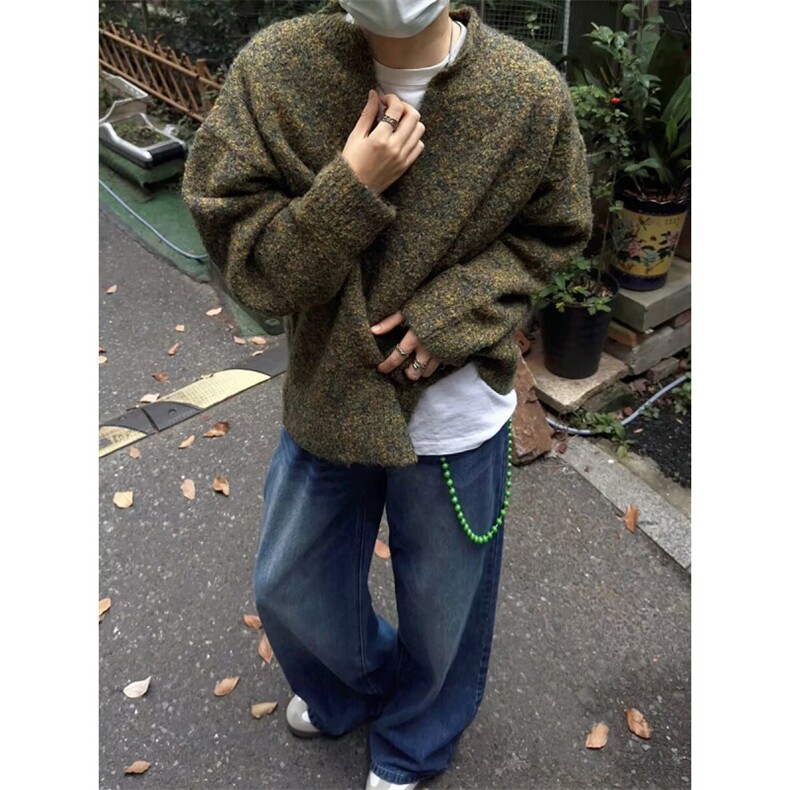 美式复古马海毛绿色毛衣男款秋季韩系慵懒风格穿搭潮牌毛线衣外套图片