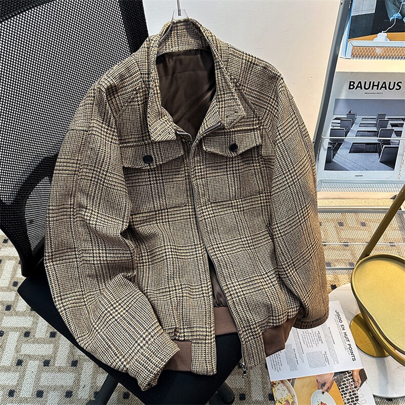 得物品质秋男立领夹克衫千鸟格子羊毛双层大口袋夹克JK8351P73,男装夹克,星座1013-1